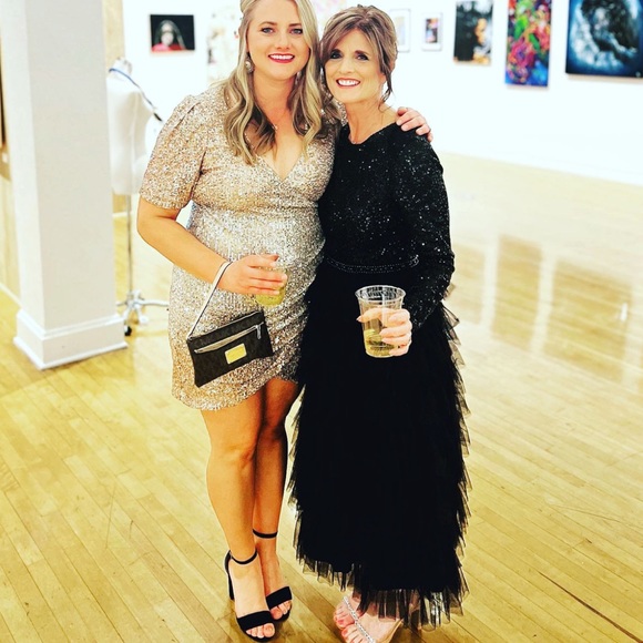 Mac Duggal Black Sequined Long Sleeve Tiered Ruffle Midi Dress - Picture 7 of 7